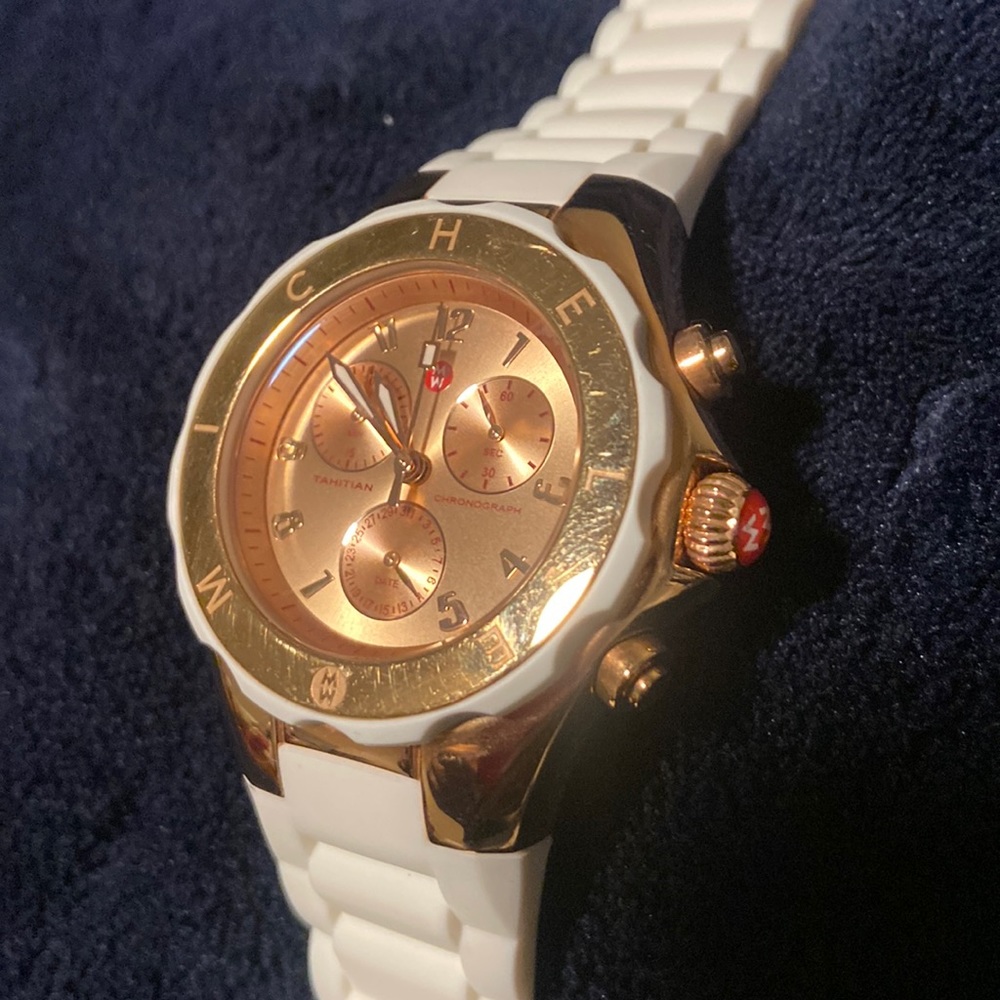 Michele Tahitian jelly bean chronograph rose gold case with white rubber strap